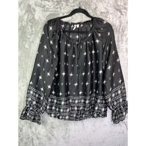 Cato Women's Large Black Boho Peasant Blouse Bell Sleeve Floral Diamond Print
